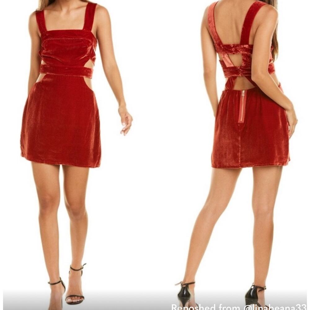 For Love And Lemons Kate Silk-Blend Crushed Velvet Overall Dress in Red Rust Sm